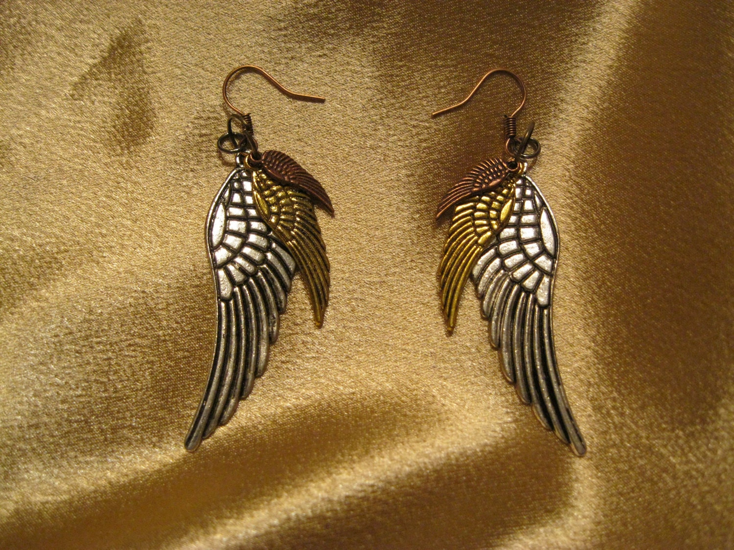 Tri-color triple wing steampunk avian aviator earrings
