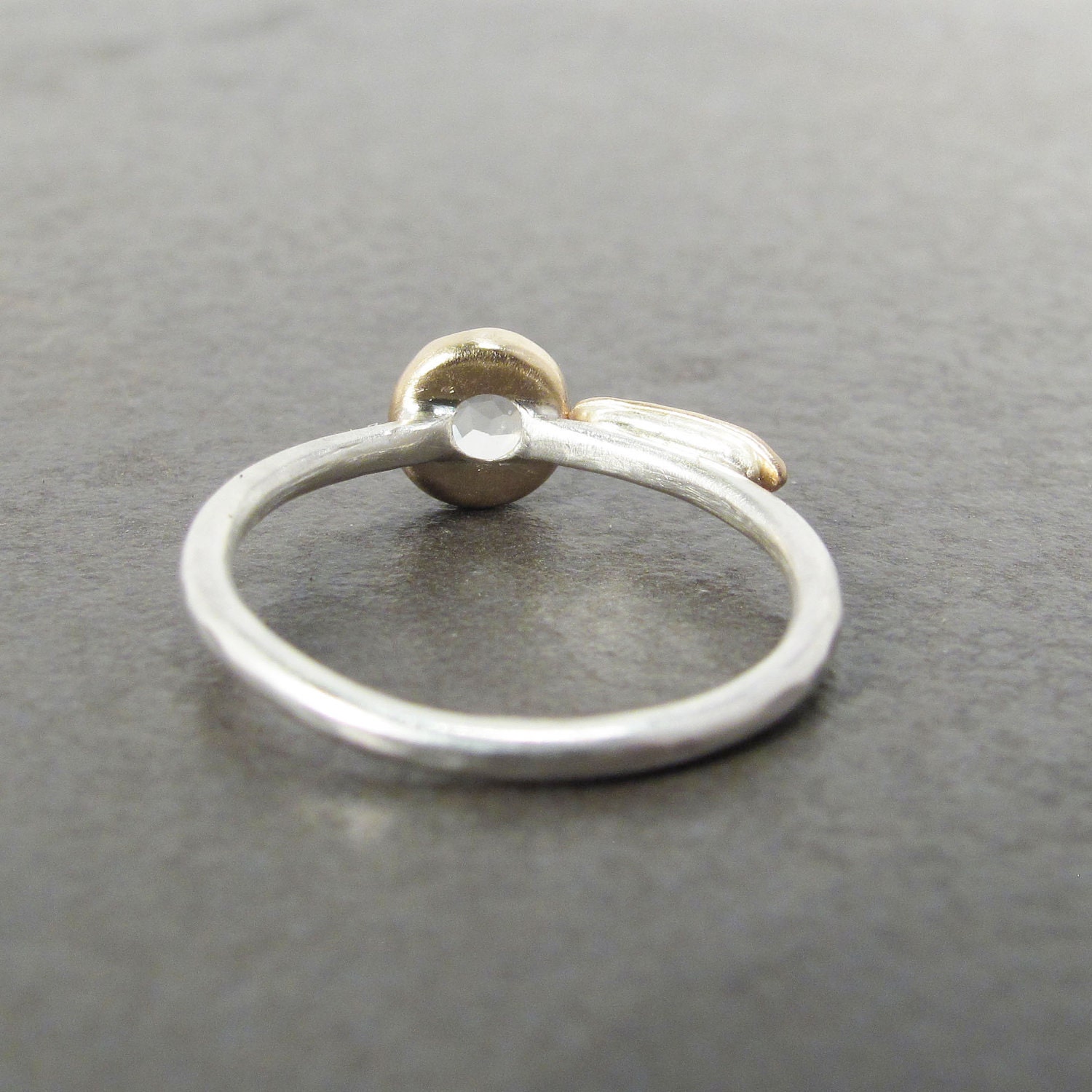Rose Cut White Topaz Leaf Stack Ring, Diamond Clear 14k Gold and Silver