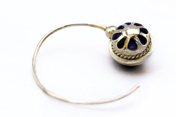 Dark blue hoops earrings, semi precious lapis stone&blue enamel, fine jewelry - CADIjewelry