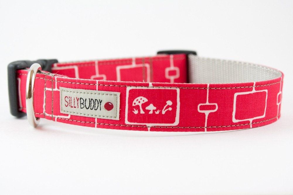 Neon Pink Squirrel and Mushrooms Dog Collar