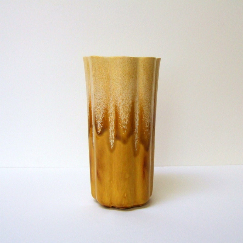 Home Decor Tall Drip Glaze Vase, Ceramic Pottery Planter, Rustic Mustard Yellow Gold - MeadowviewVintage