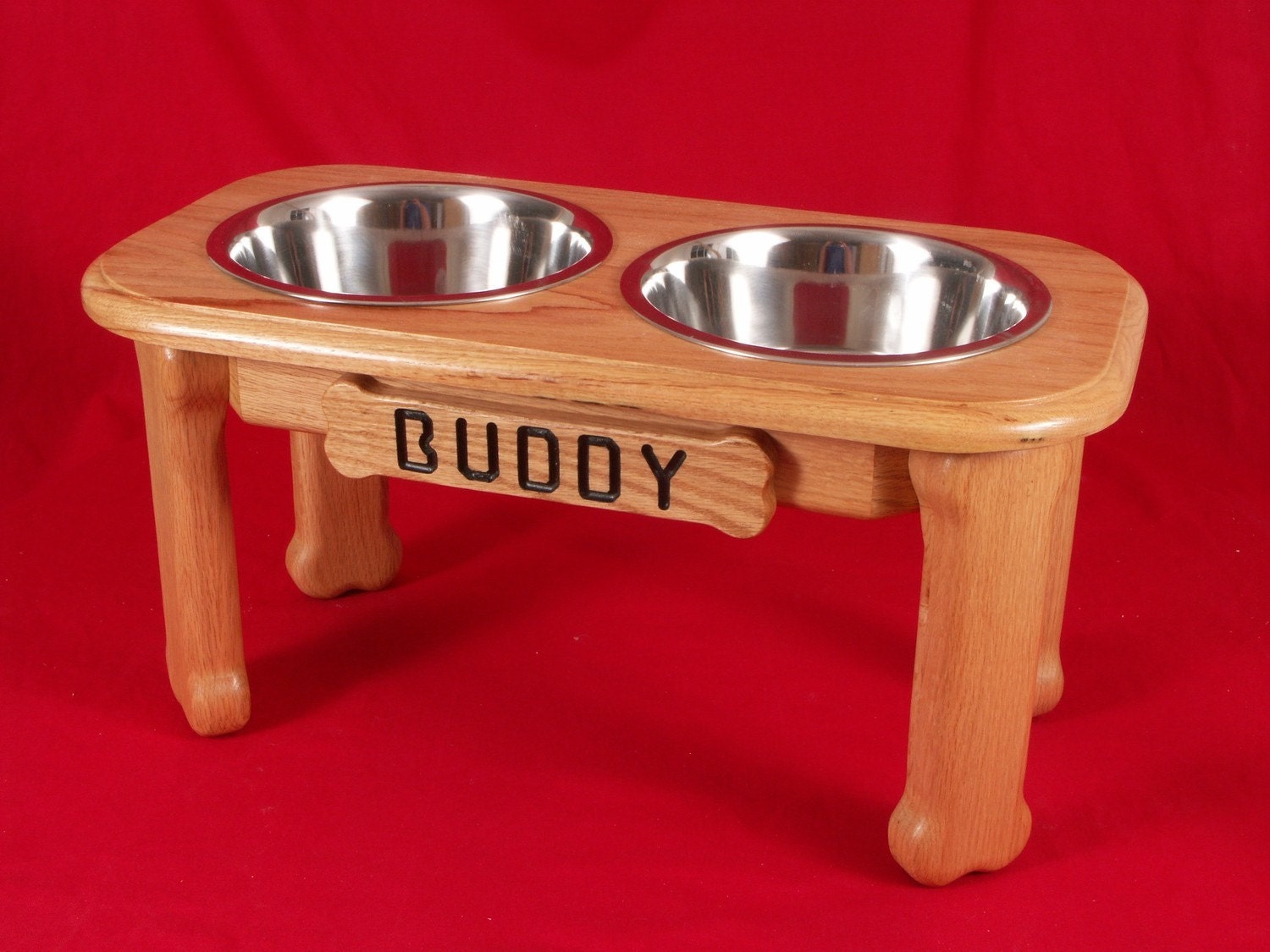 Elevated Large Dog Feeder Bowl, 12 Inch, Three Quart Bowls, Solid Oak Wood, FREE NAME and STAIN