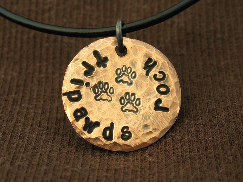 Hand Stamped Three Paw Tripawds Rock Copper Necklace