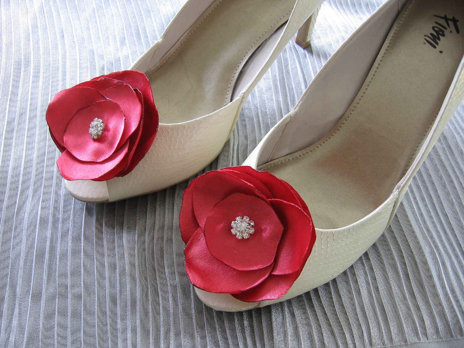 Fabric flower shoe clips coral satin wedding shoe clips or bobby pins