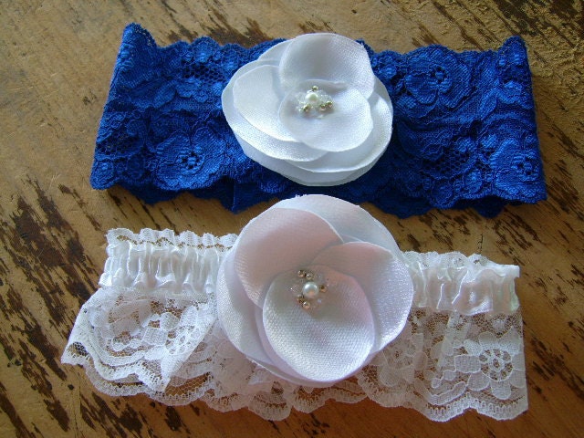 Wedding garter set in royal blue sapphire and white lace and satin.