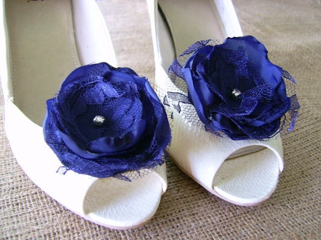 Navy blue fabric flower and lace shoe clips for weddings, special occasions