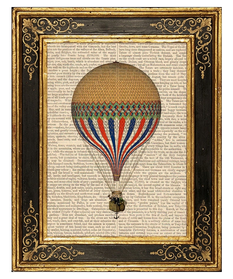 Yellow Hot Air Balloon - Vintage Book Page Art Print