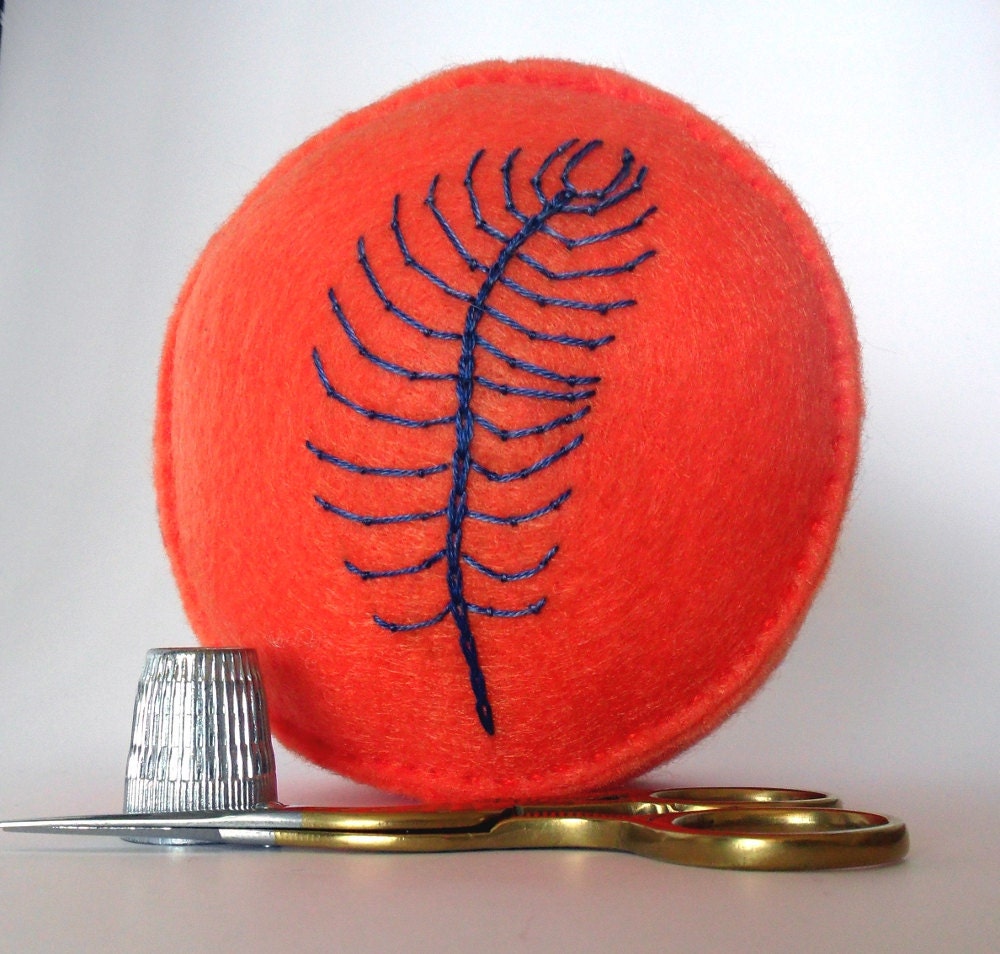 SALE - Pincushion Blue Embroidered feather on light orange recycled felt handsewn