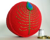 SALE - Peacock Eye Feather Pincushion Embroidered on Bright Red recycled felt handsewn