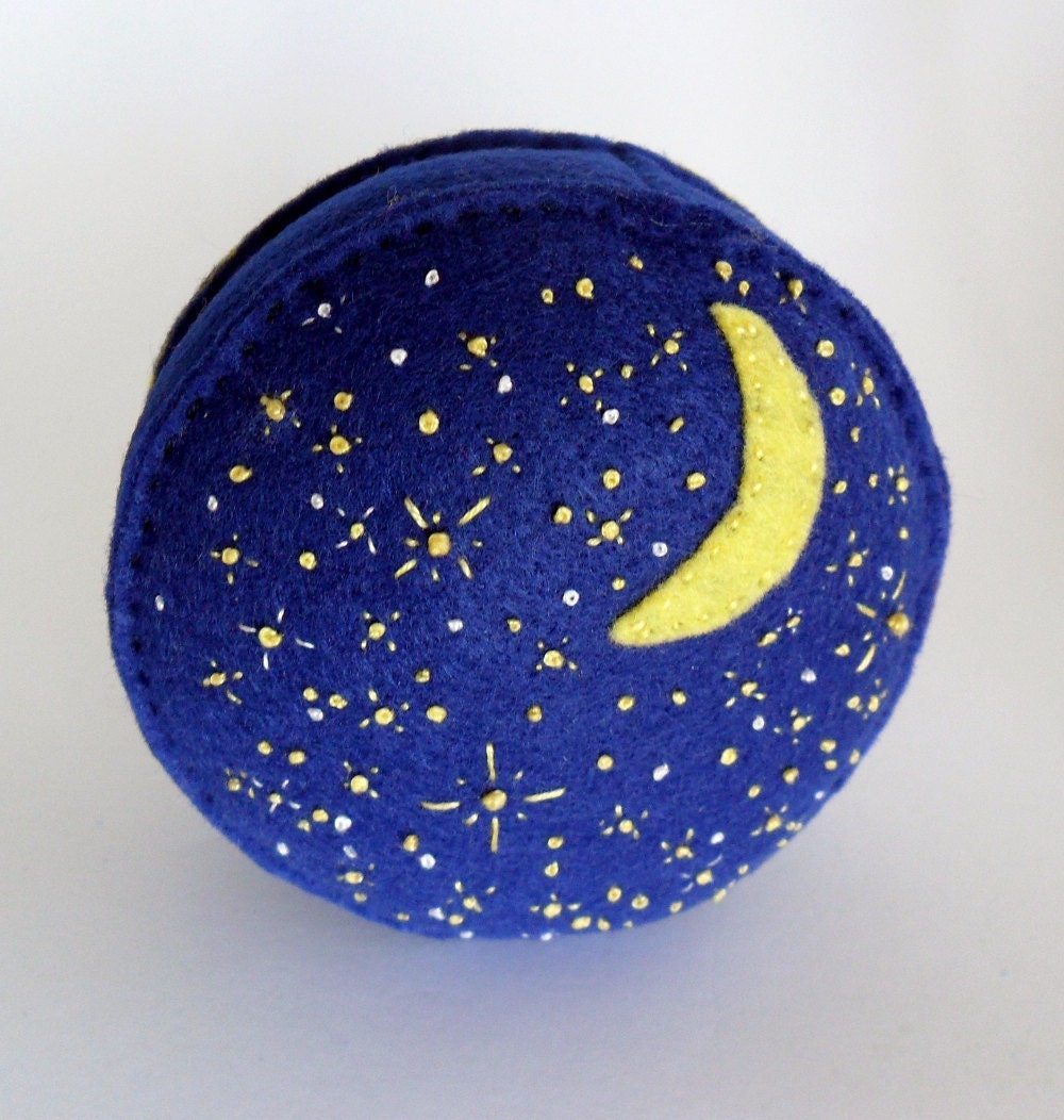 SALE - Starry Night Moon Stars navy blue felt pin cushion recycled felt