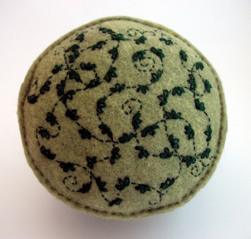 SALE - Pincushion Green Ivy vine curls on light moss green recycled felt handsewn embroidered