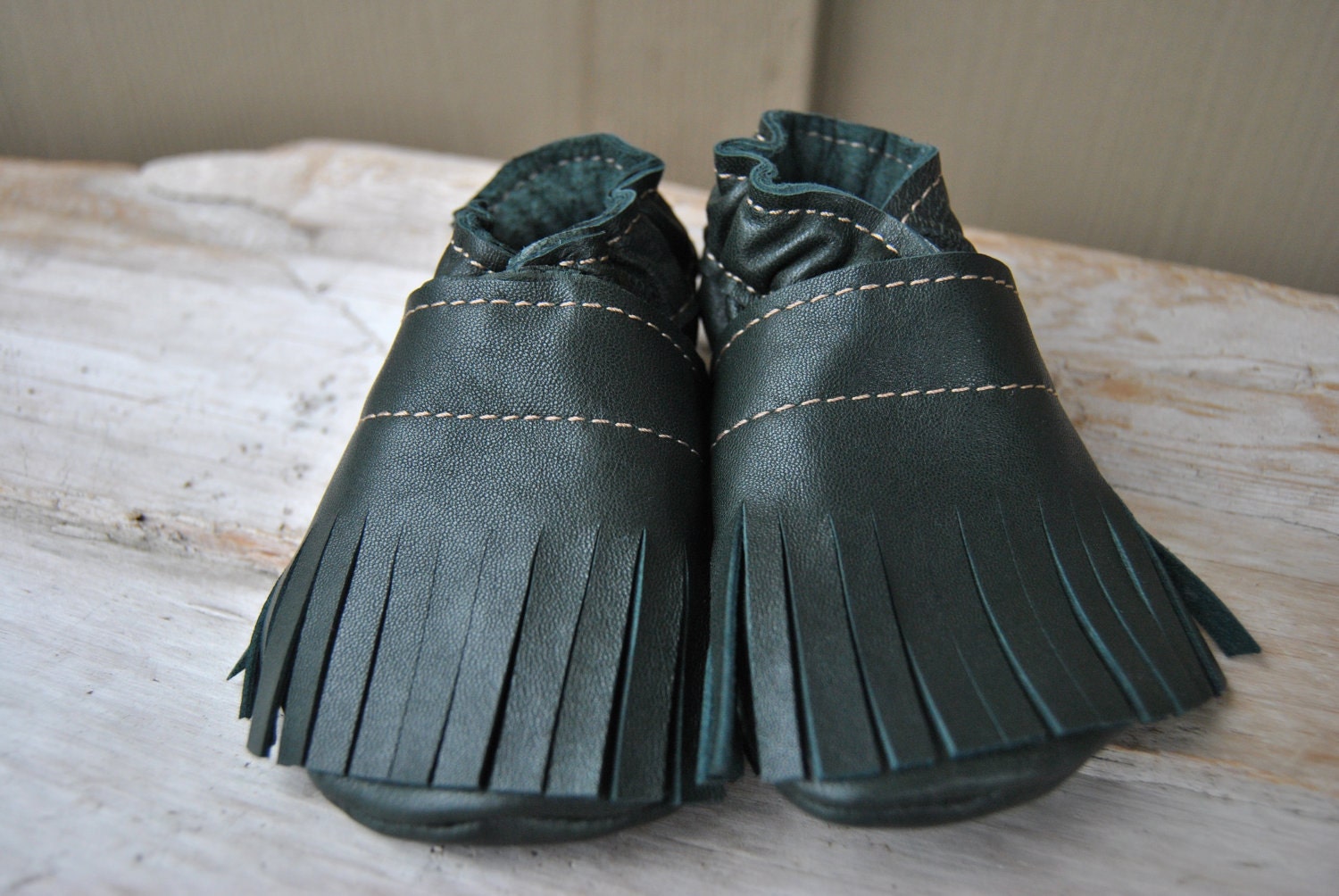 Baby Booties Newborn with Fringe Recycled Green Leather