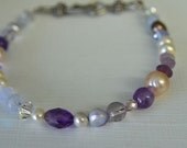 Violet Purple Amethyst Bracelet with Lilac Pearls, Lavender Agate and Swarovski Crystals . Plus Size at 9 inches Long . Handmade in Maine