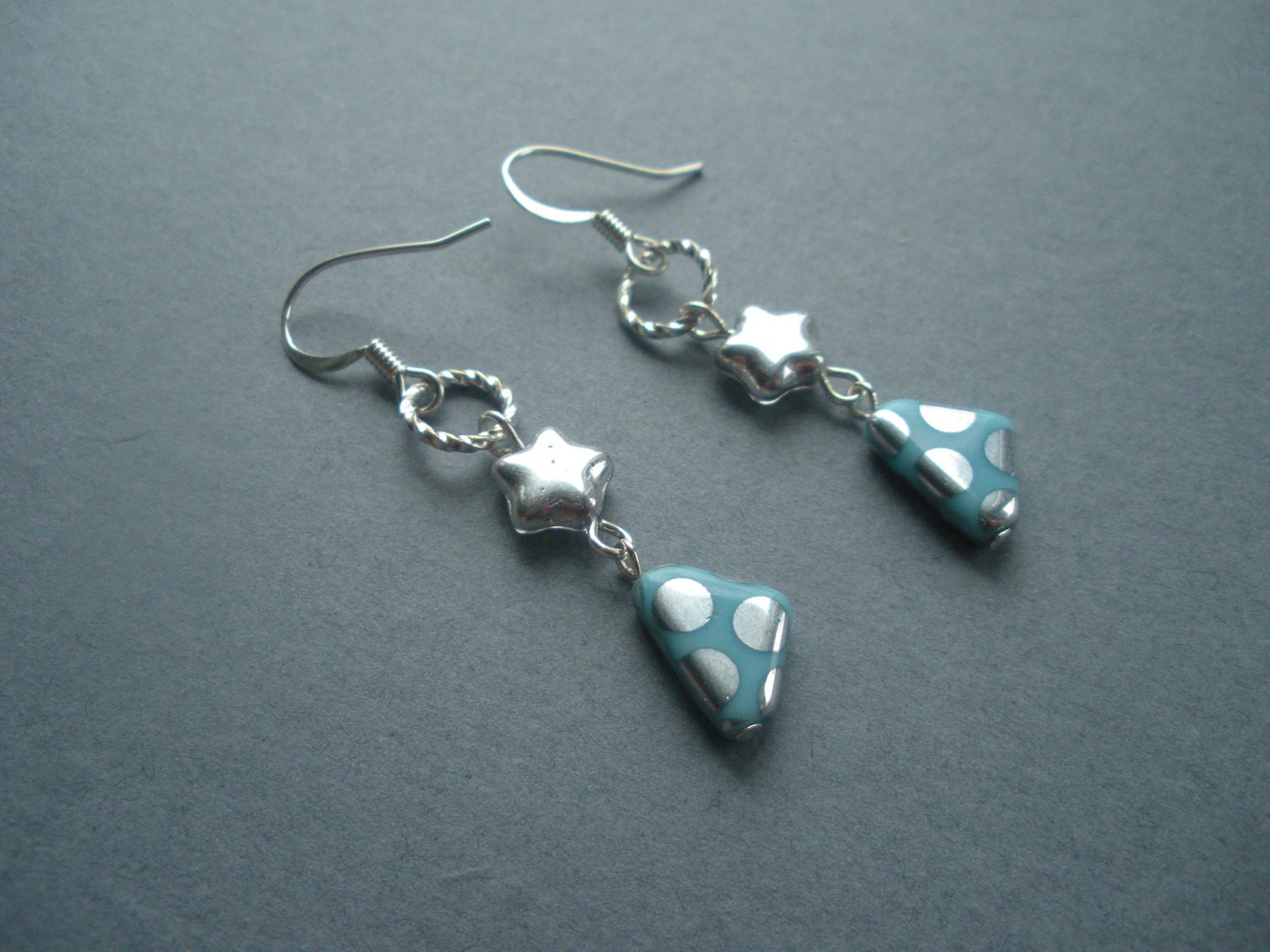 silver earrings, triangle, star, circle shapes, light blue, polka dot, simple, everyday, colorful, dressy or casual, wonderkath