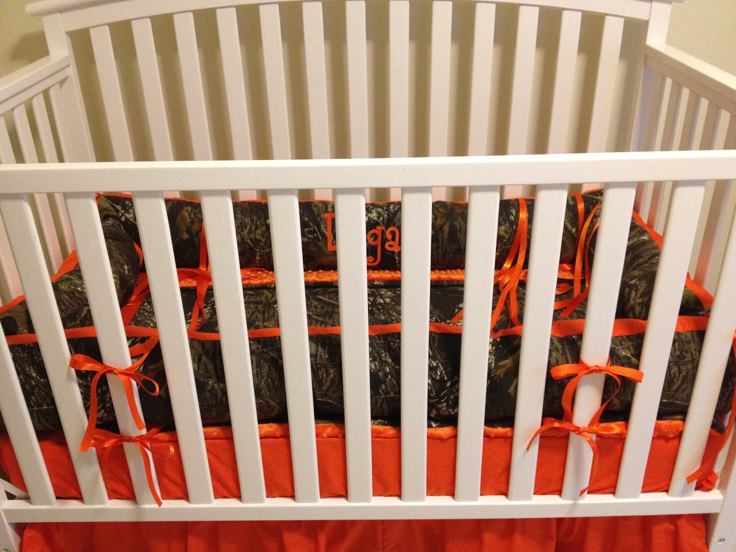 Camo 4 piece set made with Mossy Oak fabric and Orange minky dot baby Crib Bedding Set with and FREE Monograms
