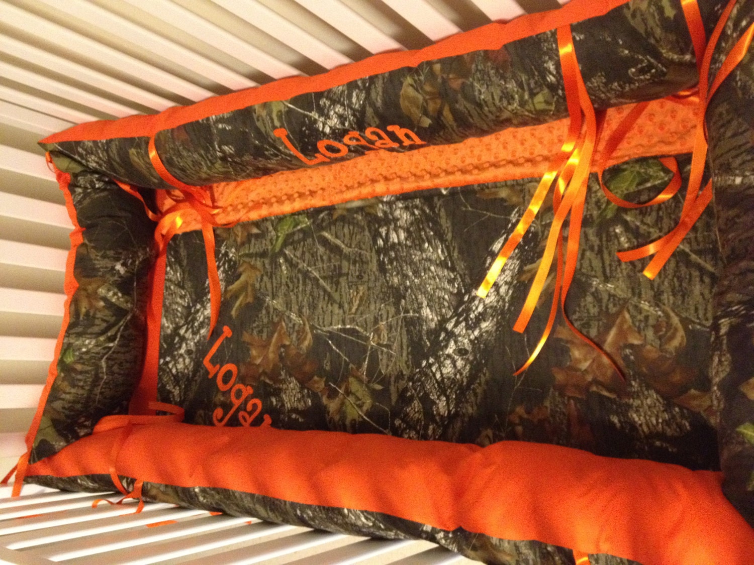 Camo 4 piece set made with Mossy Oak fabric and Orange minky dot baby Crib Bedding Set with and FREE Monograms