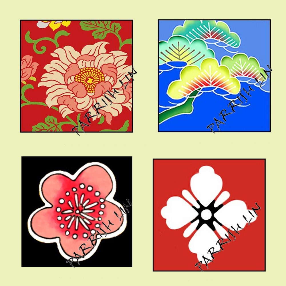 1 Inch Square Digital Art -- Asian, Printable Sheets, Traditional Patterns,  Flower Motifs Multicolor CS 53