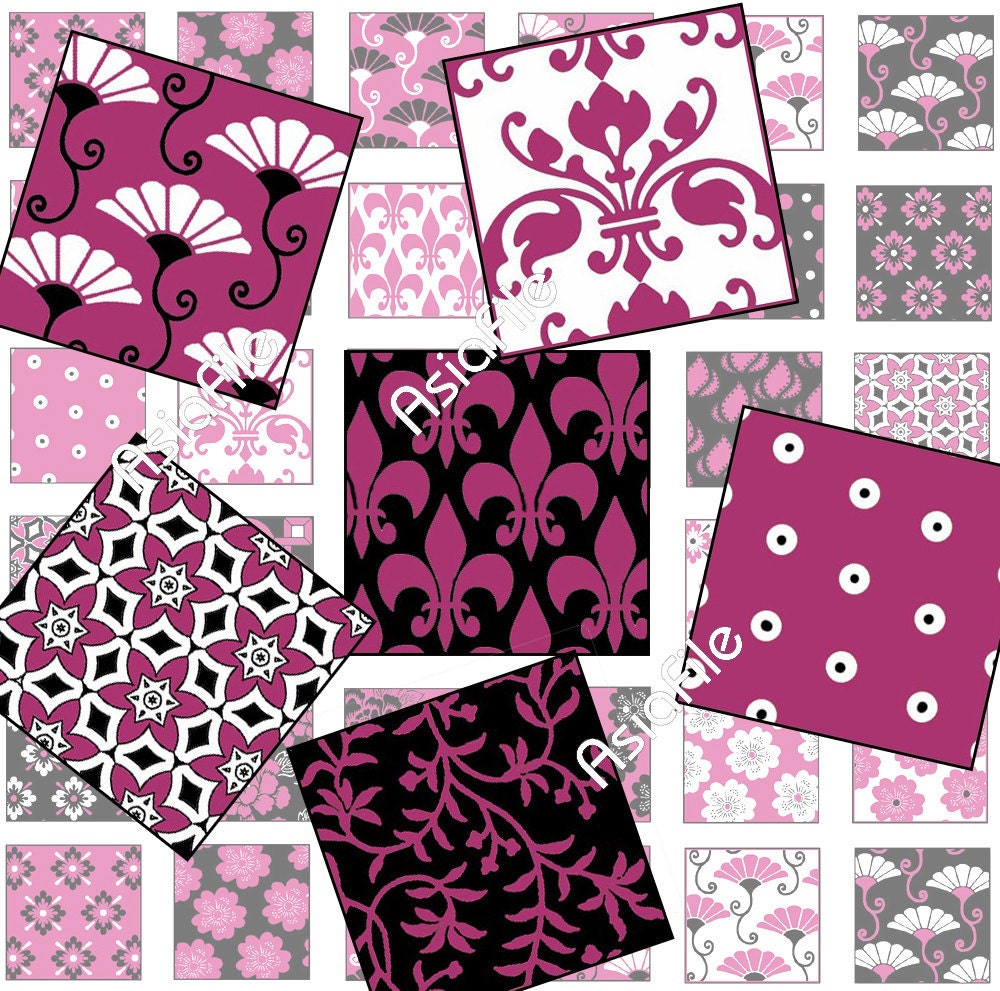 Digital Art, 1 Inch Squares, Raspberry Pinks, Black and White, Swirls and Flowers, World Designs, 48 Squares, CS 26