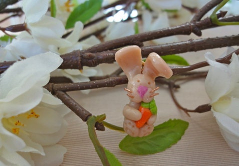 Handmade Jewelry on Etsy - OOAK Polymer Clay Miniature Bunny Charm with Carrot by Kristiina Designs FREE SHIPPING