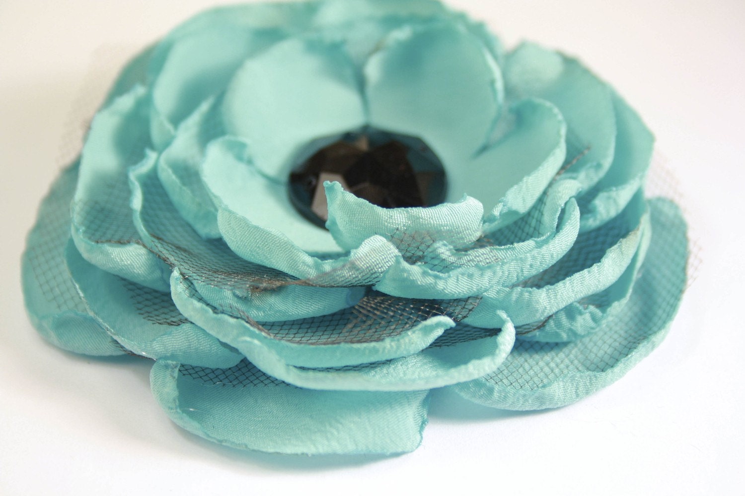 Tiffany Blue with Black Jewel Center -  Clip Everywhere Fabric Flower - Hair, Purse, Hat, etc.