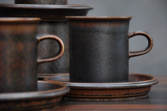Vintage Arabia Finland Ruska Small Tall Cups and Saucers Designed by Ulla Procopé Set of 6