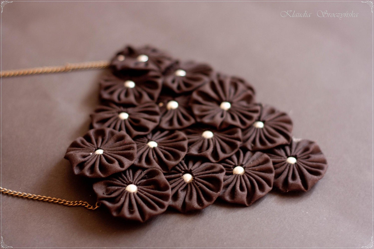 Fabric necklace with pearls Black yoyo flower bib necklace Modern Bridesmaid necklace