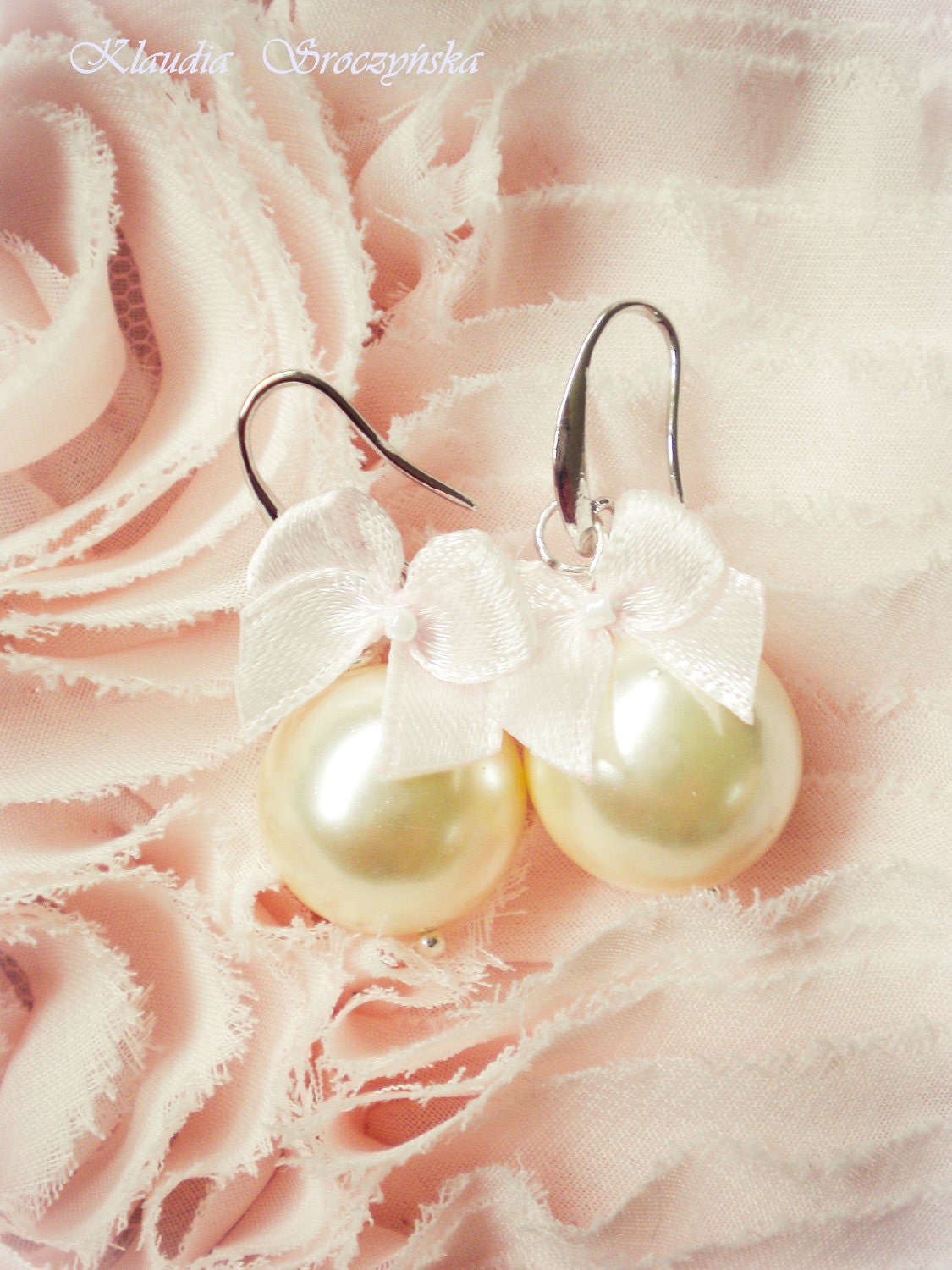 Baby Pink Satin Ribbon Bow And White Pearls Earrings-Bow earrings Bridesmaid Jewelry Bridesmaid gifts