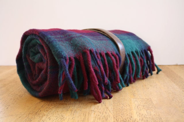 Vintage PLUM Plaid Wool Picnic Blanket by Faribault