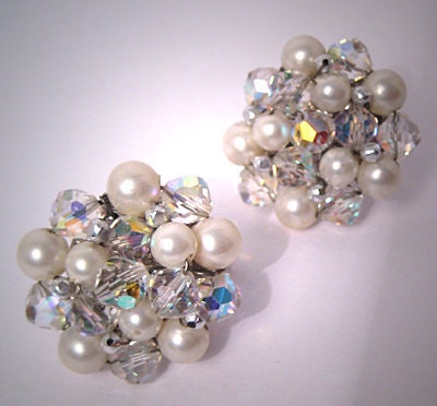 Vintage Vendome Pearl Crystal Earrings Costume Jewelry