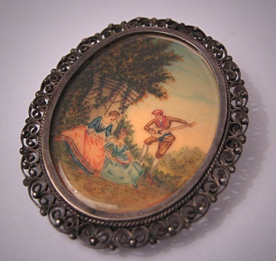 Antique Hand Painted Pendant Necklace Brooch Victorian