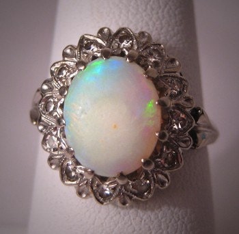 Antique Vintage Opal Diamond Ring Art Deco White Gold Wedding