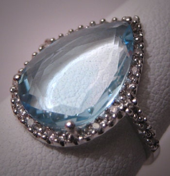 Vintage Blue Topaz Diamond Ring White Gold Estate Gem