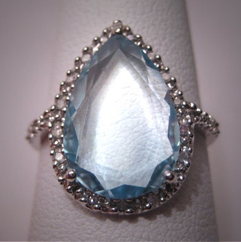 Vintage Blue Topaz Diamond Ring White Gold Estate Gem