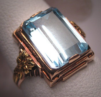 Antique Aquamarine Ring Vintage Art Deco Wedding Gold
