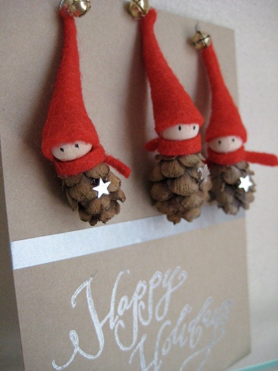 Tiny Pine Cone Elves -- set of 3 ornaments