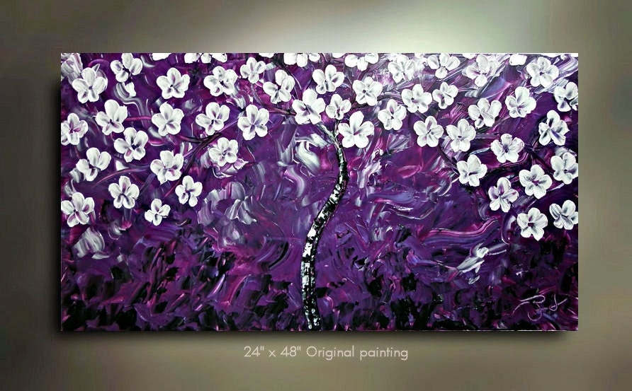 ORIGINAL White Purple Daisy Flower Painting Abstract Landscape Artwork Flowerscape Heavy Textured 48x24 Modern Contemporary art by OTO