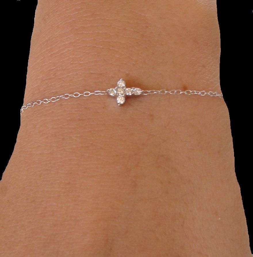 Sideways Cross Cz Bracelet - Sterling Silver Tiny Cz Horizontal Cross - Kelly Ripa, Faith Jewelry, Gift, Bridesmaid, Mom Gift