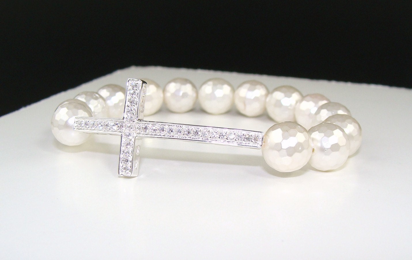 Sterling Silver Sideways Cz Cross Bracelet with Semi Precious Gemstones, Gift For Her, Mom, Sister, Teacher Gift, Friend