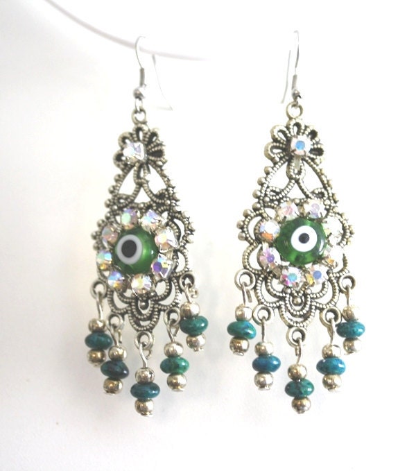 CLEARANCE Silver Chandelier Earrings Green Evil Eye unique design with natural Malachite