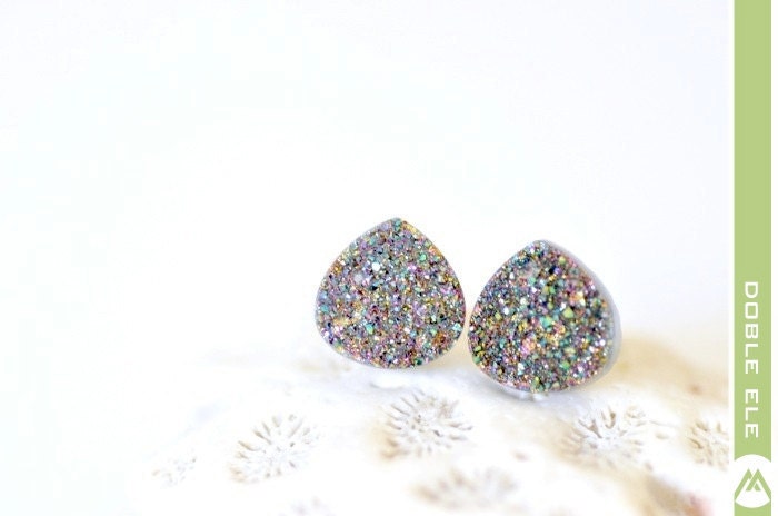 OOAK Rainbow Titanium Druzy Ear Posts -10-