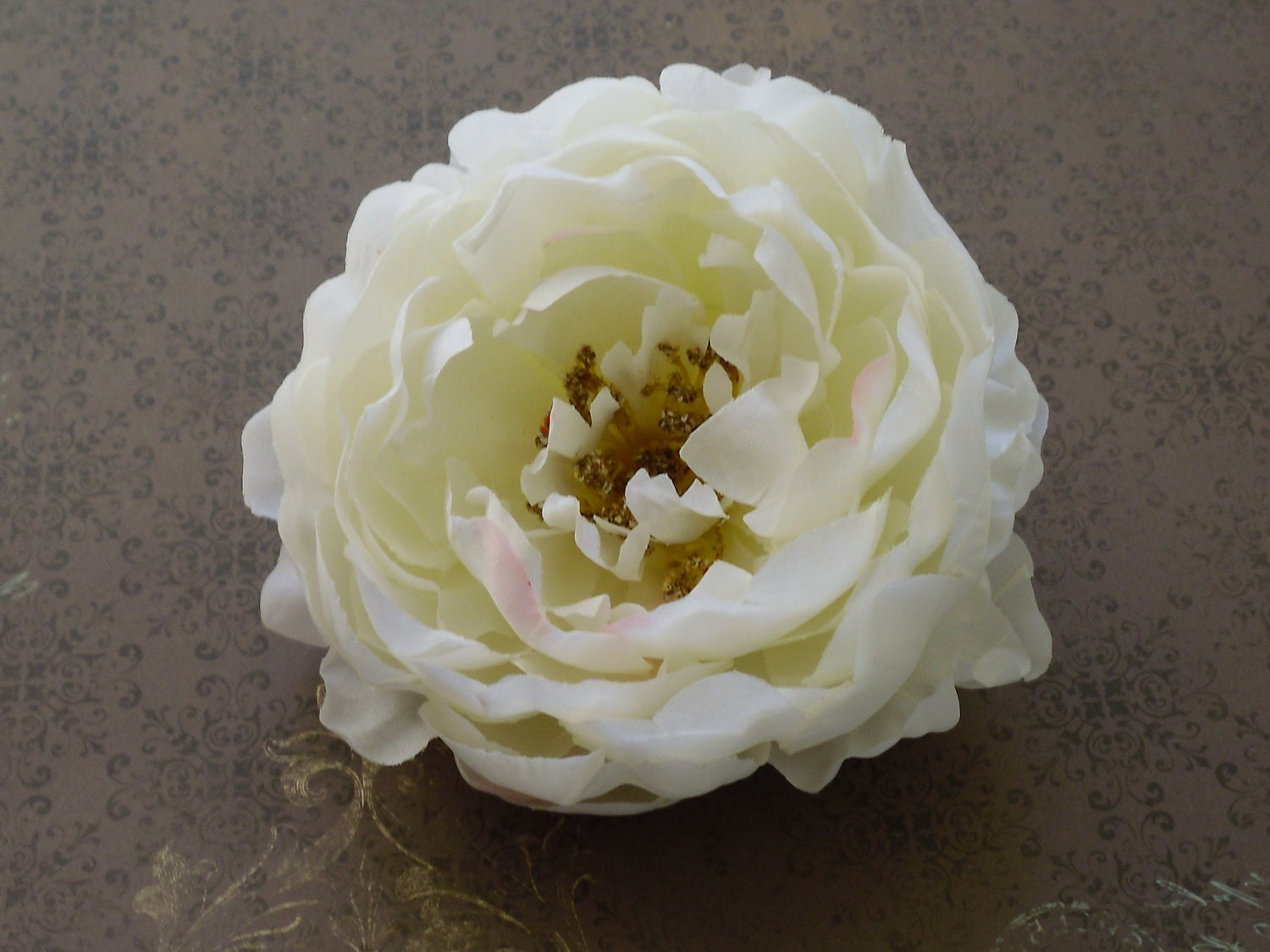 Silk Flowers - One Creamy White Peony With Pink Accents - 4.5 Inches - Artificial Peony, Artificial Flowers