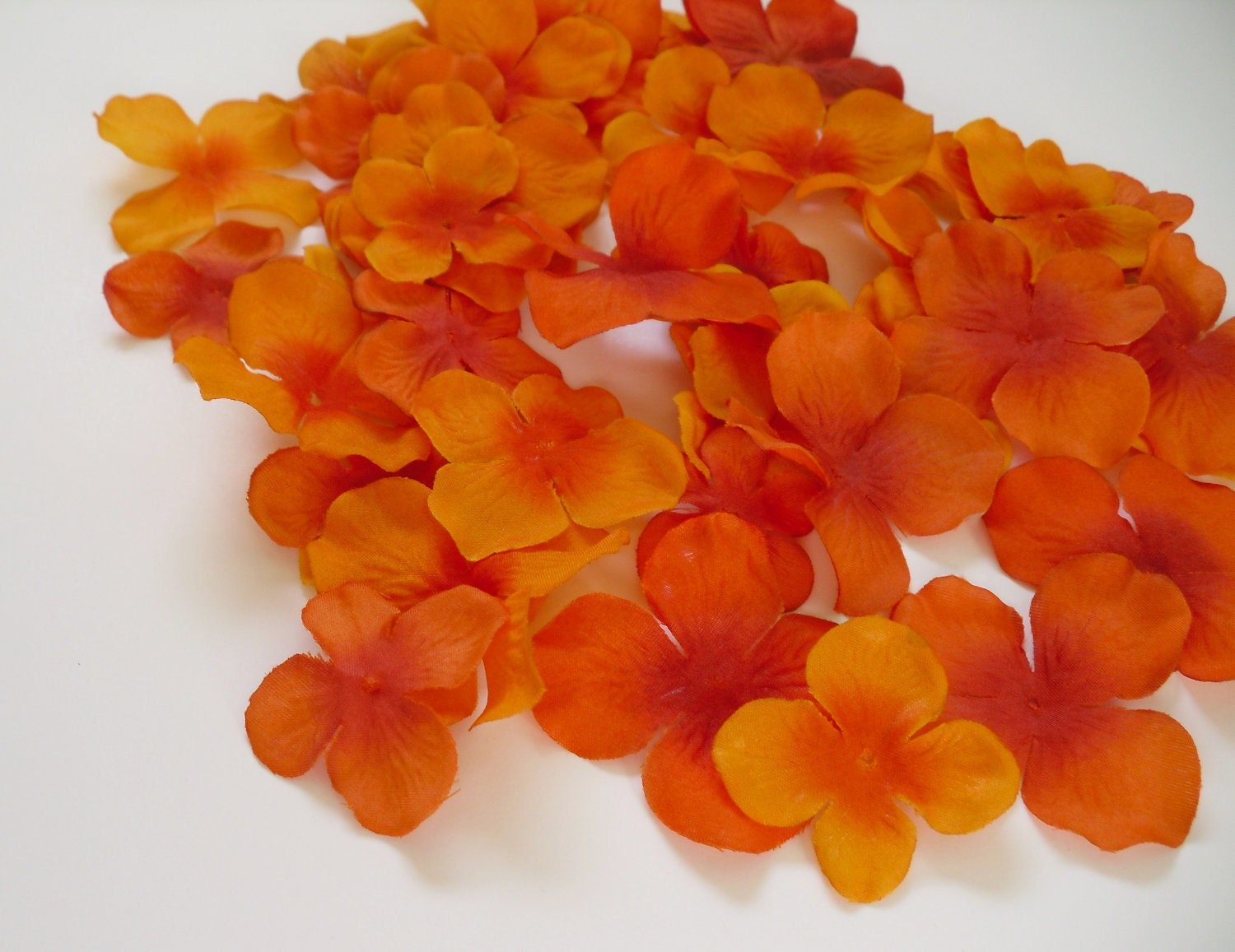 Silk Flowers - One Lot of 50 Hydrangea Blossoms in Orange - Artificial Flower Blossoms