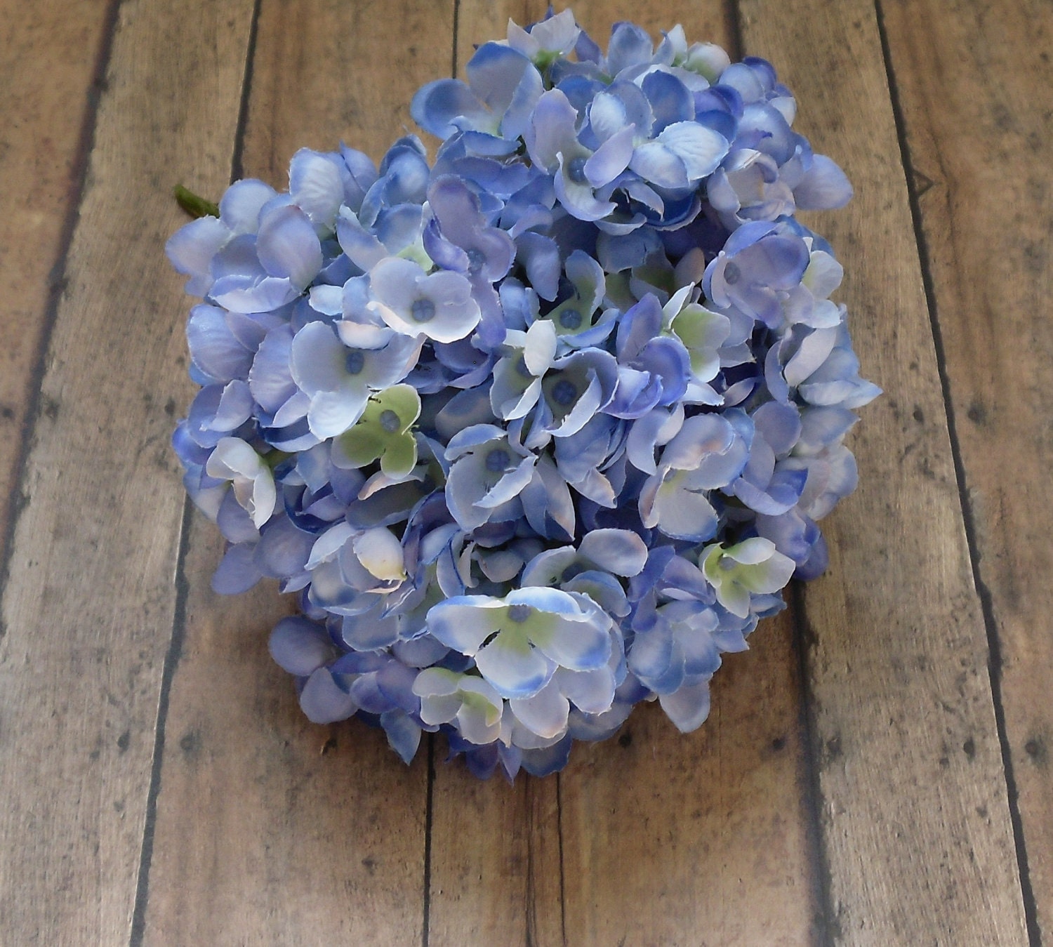 Silk Flowers - One Jumbo Hydrangea Head in Blue Accented with Yellow Green - Small Petals - Artificial Flowers