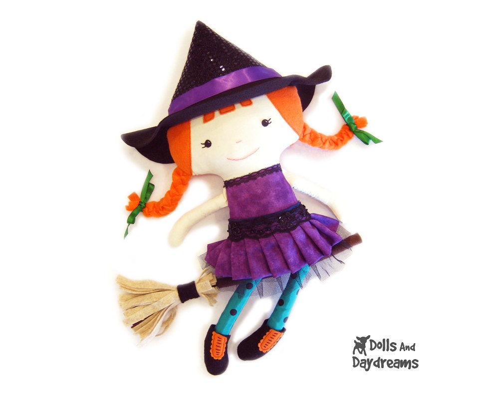 Witch Sewing Pattern PDF Cute Halloween Doll - skirt boots broomstick included - DollsAndDaydreams