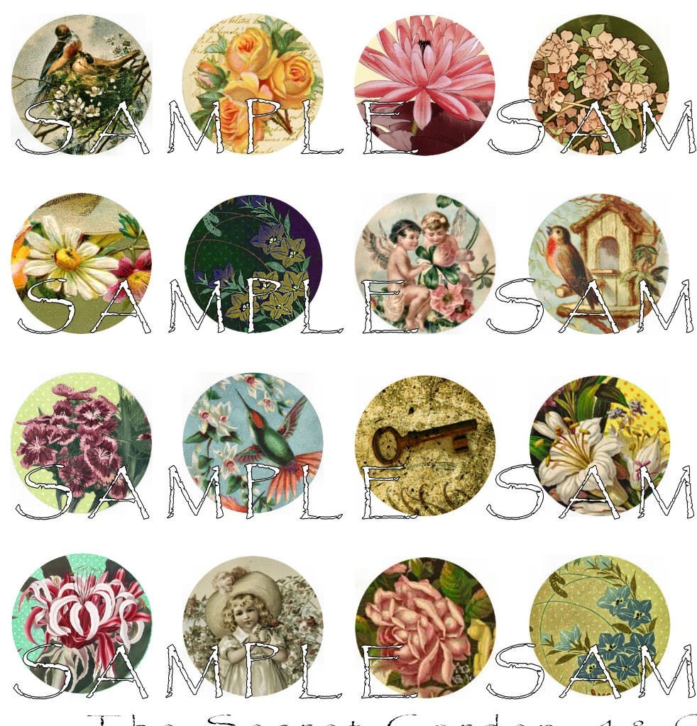 Secret Garden 48 One Inch Circles Digital Collage Sheet Victorian Flowers Children Birds 038