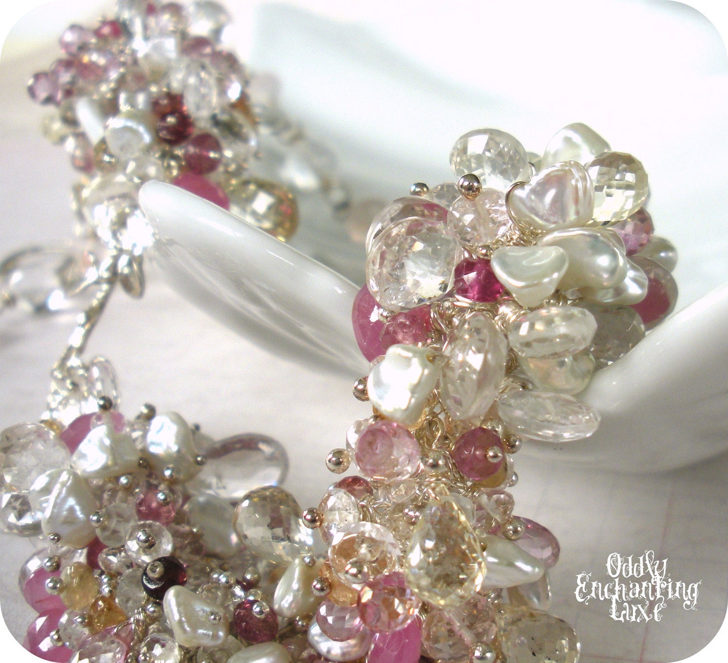 Morganite, Pink Sapphire, Topaz, Scapolite, Freshwater Pearls, Tourmaline, Fine Silver- Sakura Necklace