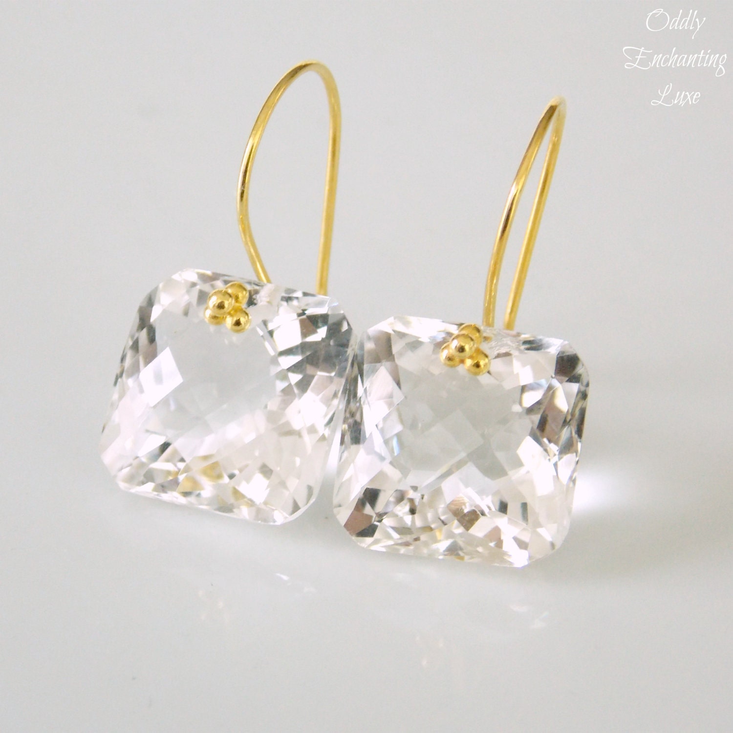 Crystal Quartz Asscher Gem Cut and Gold Earrings