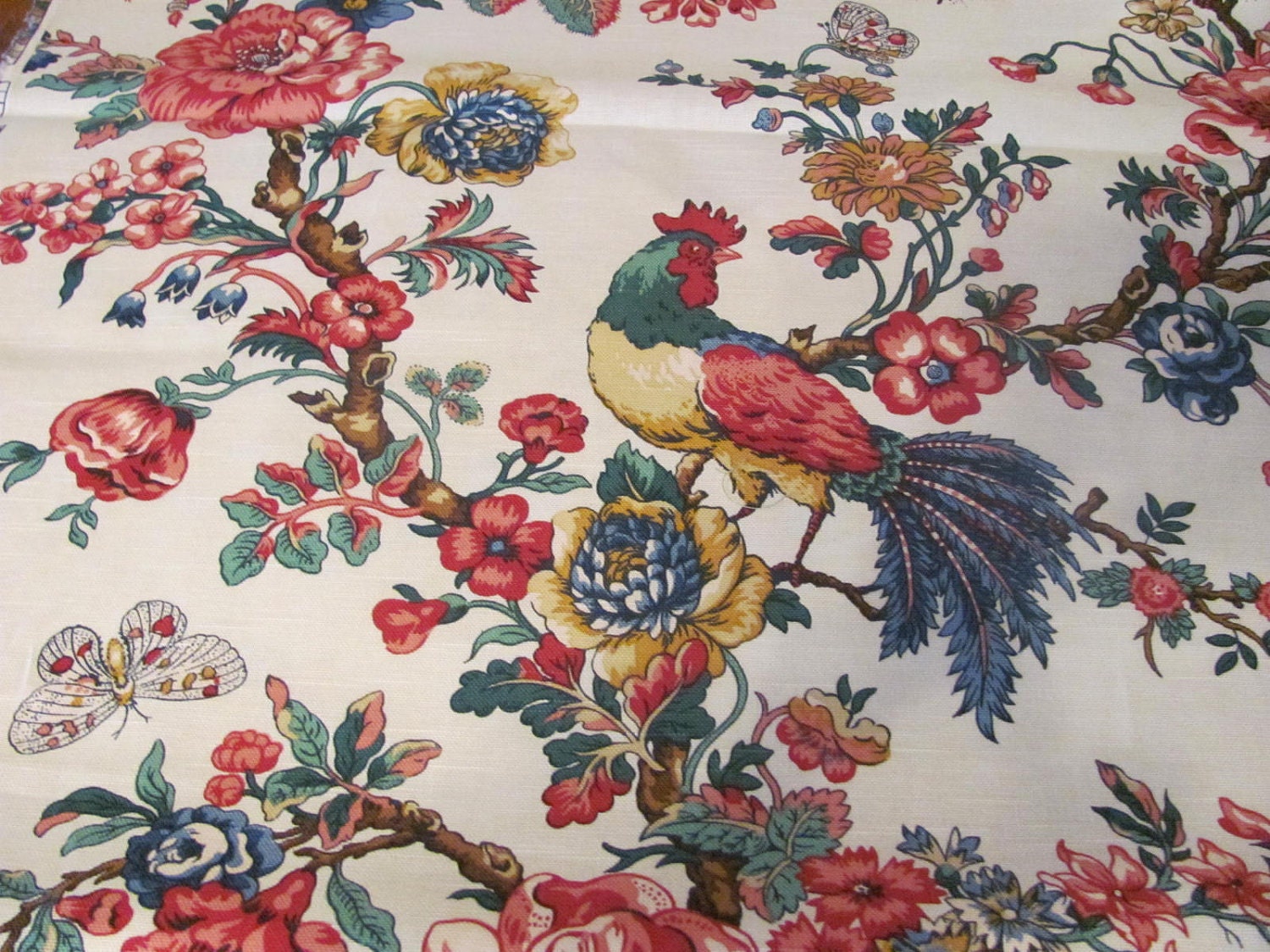 Fabric White Red Blue Green Toile Bird Animal French Country
