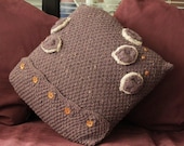 Dusky Grape Aran Wool Cushion Cover With Italian Olive Wood Buttons - Hand Knitted