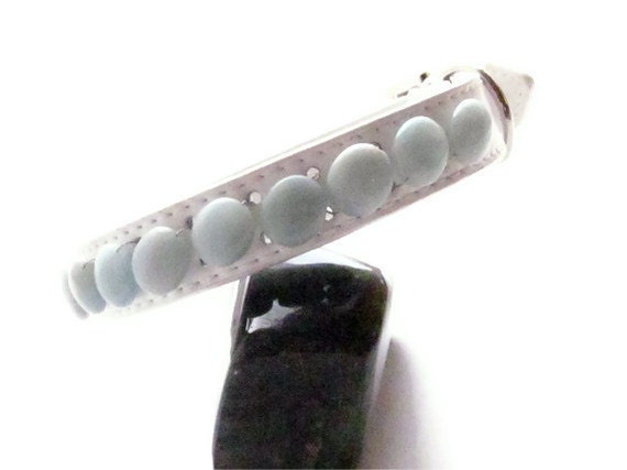 White Leather Beaded Dog Collar With Misty Seafoam Green Stone Beads